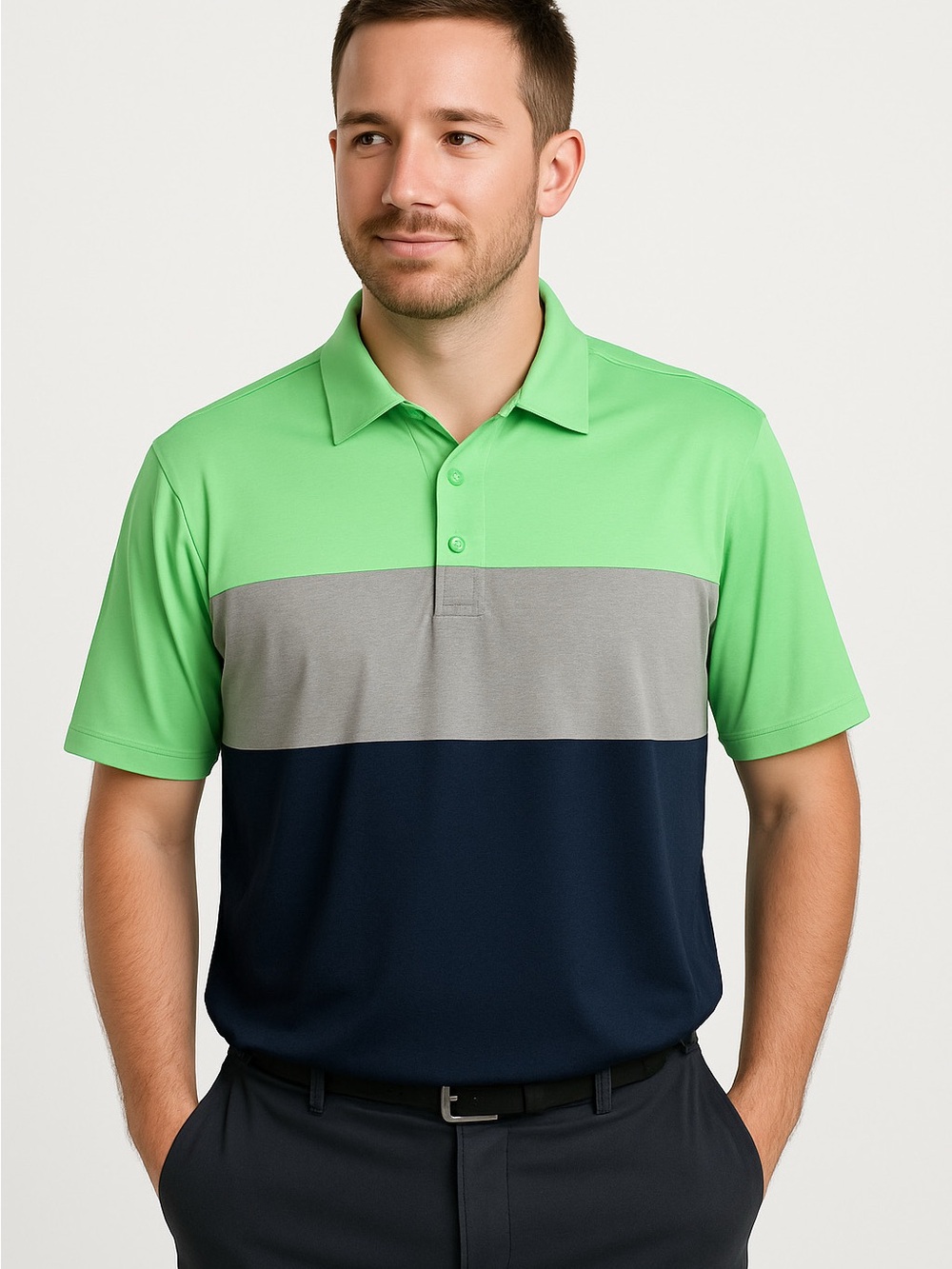 Walter Hagan Men’s 2XL Golf Polo Shirt Neon Green Gray Navy Short Sleeve.
